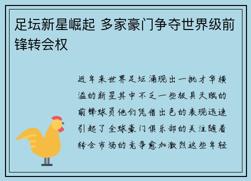 足坛新星崛起 多家豪门争夺世界级前锋转会权