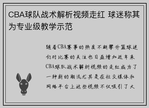 CBA球队战术解析视频走红 球迷称其为专业级教学示范