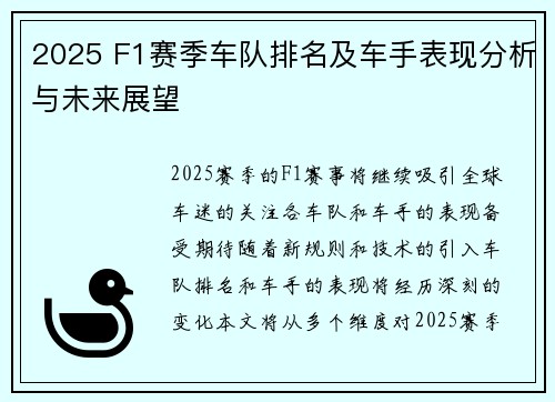 2025 F1赛季车队排名及车手表现分析与未来展望
