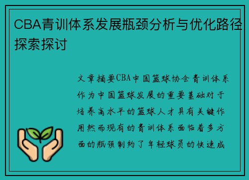 CBA青训体系发展瓶颈分析与优化路径探索探讨