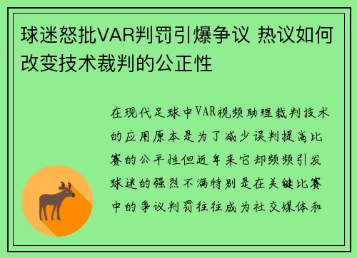 球迷怒批VAR判罚引爆争议 热议如何改变技术裁判的公正性