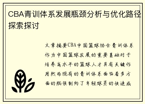 CBA青训体系发展瓶颈分析与优化路径探索探讨