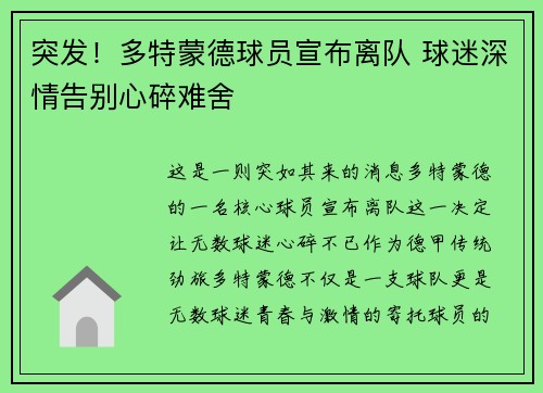 突发！多特蒙德球员宣布离队 球迷深情告别心碎难舍